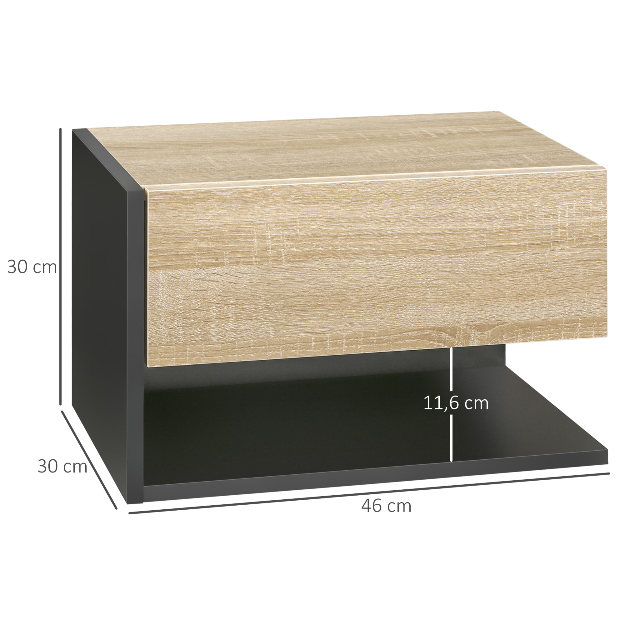 Juego de 2 Mesitas de Noche Flotantes Mesitas de Noche Colgantes con 1 Cajón y Estante Abierto para Dormitorio 46x30x30 cm Roble y Negro