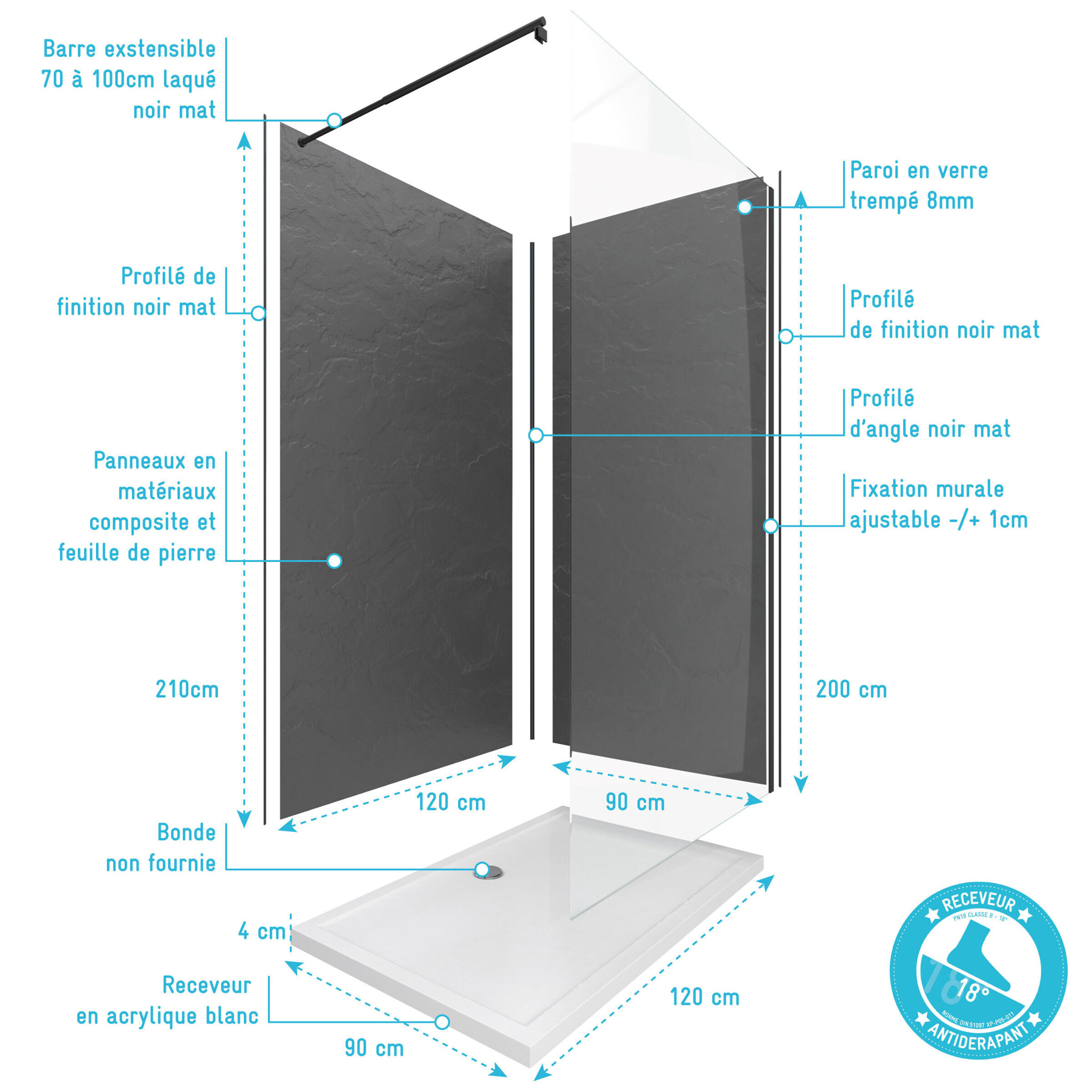 Pack douche à l'Italienne Receveur 90x120 + Paroi transparente + Panneaux muraux finition ardoise