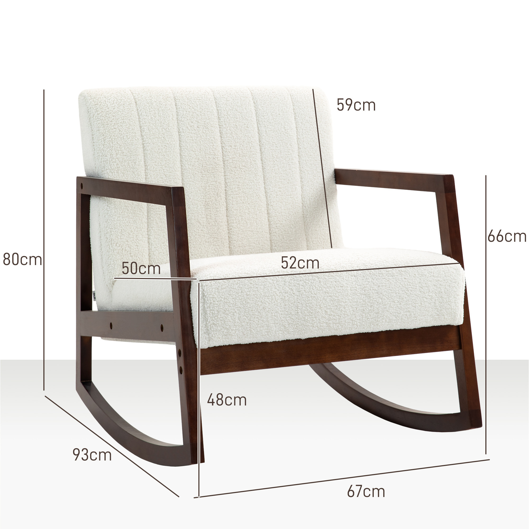 Fauteuil lounge à bascule - assise profonde, dossier incliné - accoudoirs, structure bois hévéa - revêtement effet laine bouclée crème