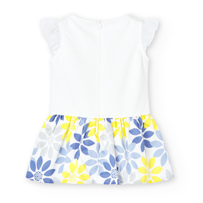 Vestido niña, satén, estampado flores, blanco, mangas cortas