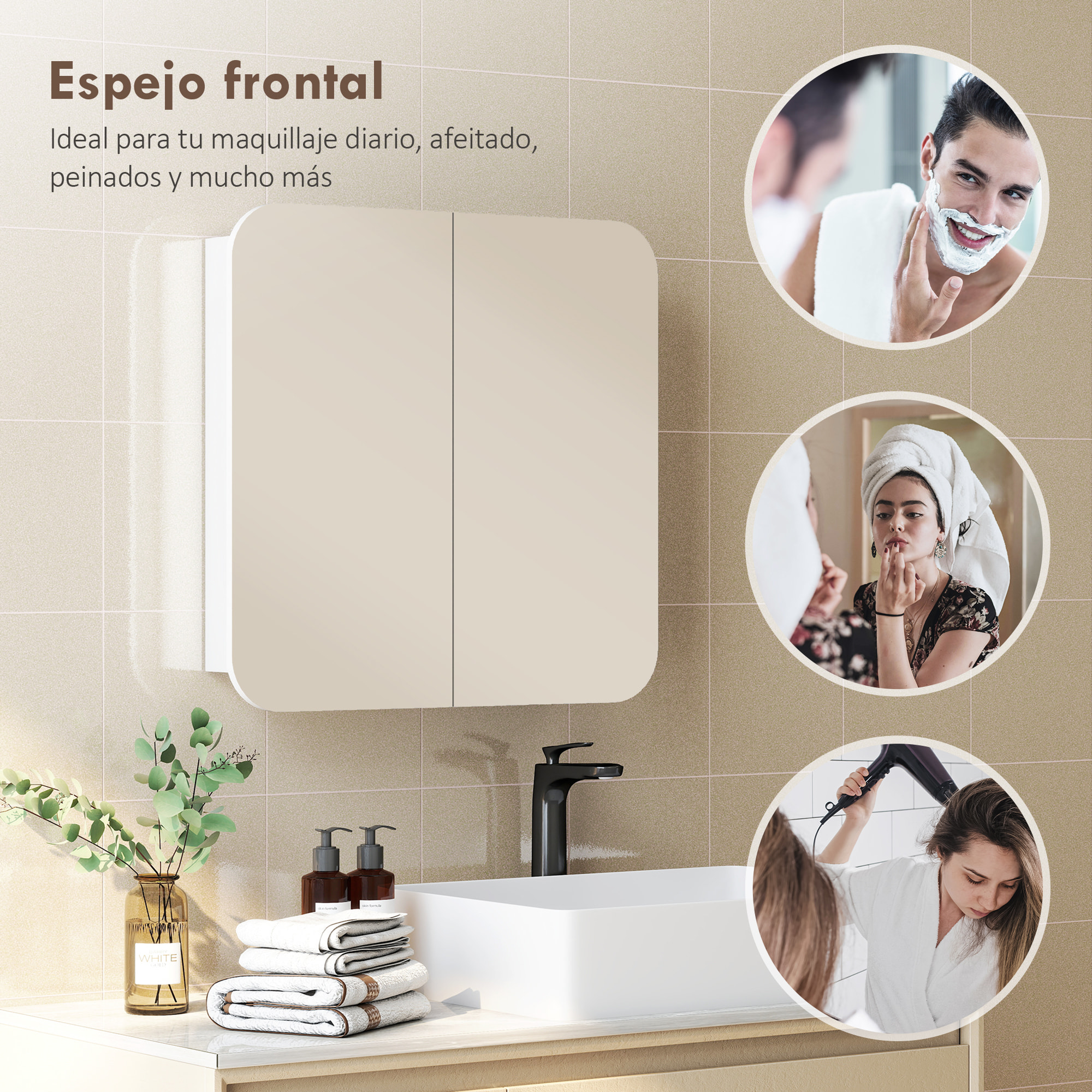 Armario de Baño con Espejo, Diseño con Bordes Curvados, Armario de Pared, Mueble de Baño Colgar, 2 Puertas, Estantes Ajustables, 68x13x66 cm, Blanco