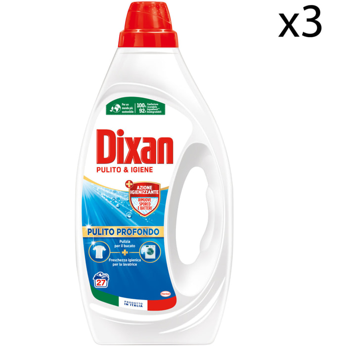 3x Dixan Pulito e Igiene Detersivo Liquido per Lavatrice Azione Igienizzante Pulito Profondo 27 Lavaggi - 3 Flaconi da 1,35 Litri