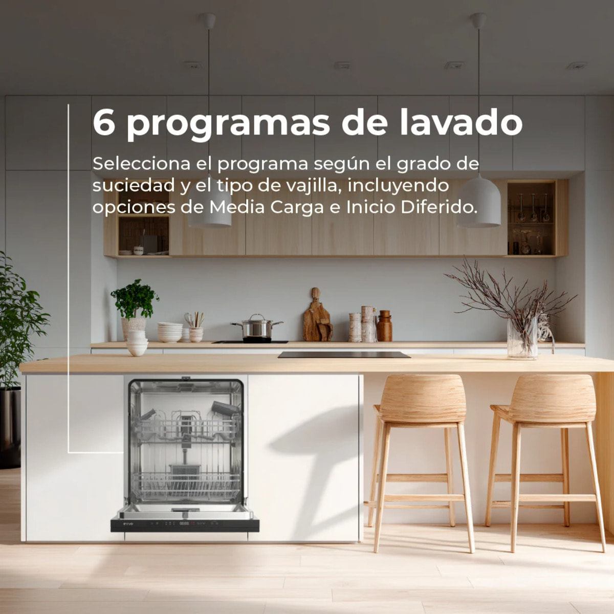 Lavavajillas Integrable EVVO Di.2Y 60cm 14 Cubiertos, 6 Programas + Display, Panel Táctil, Auto Open