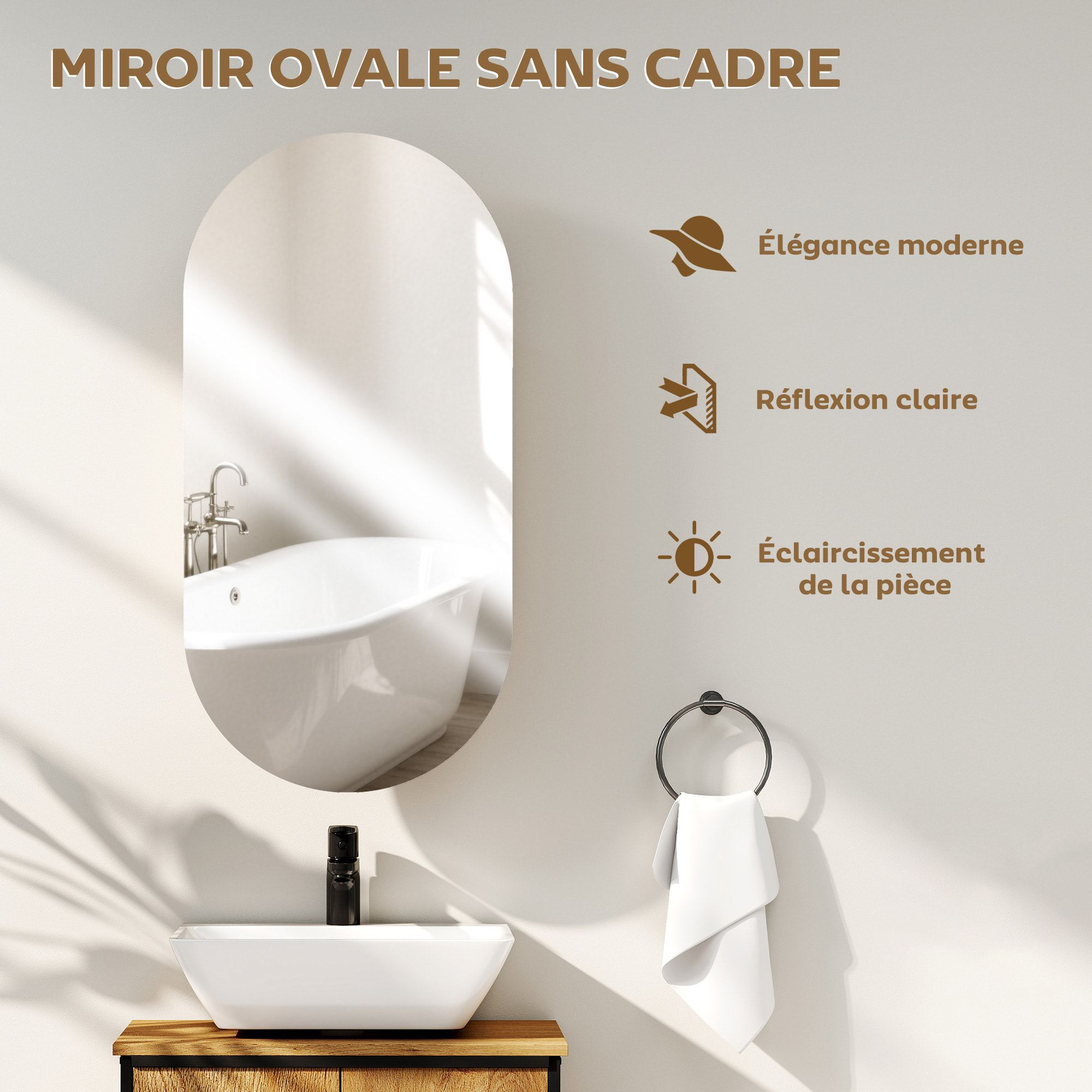 Armoire miroir design ovale dim. 45 x 90 cm étagère effet bois clair