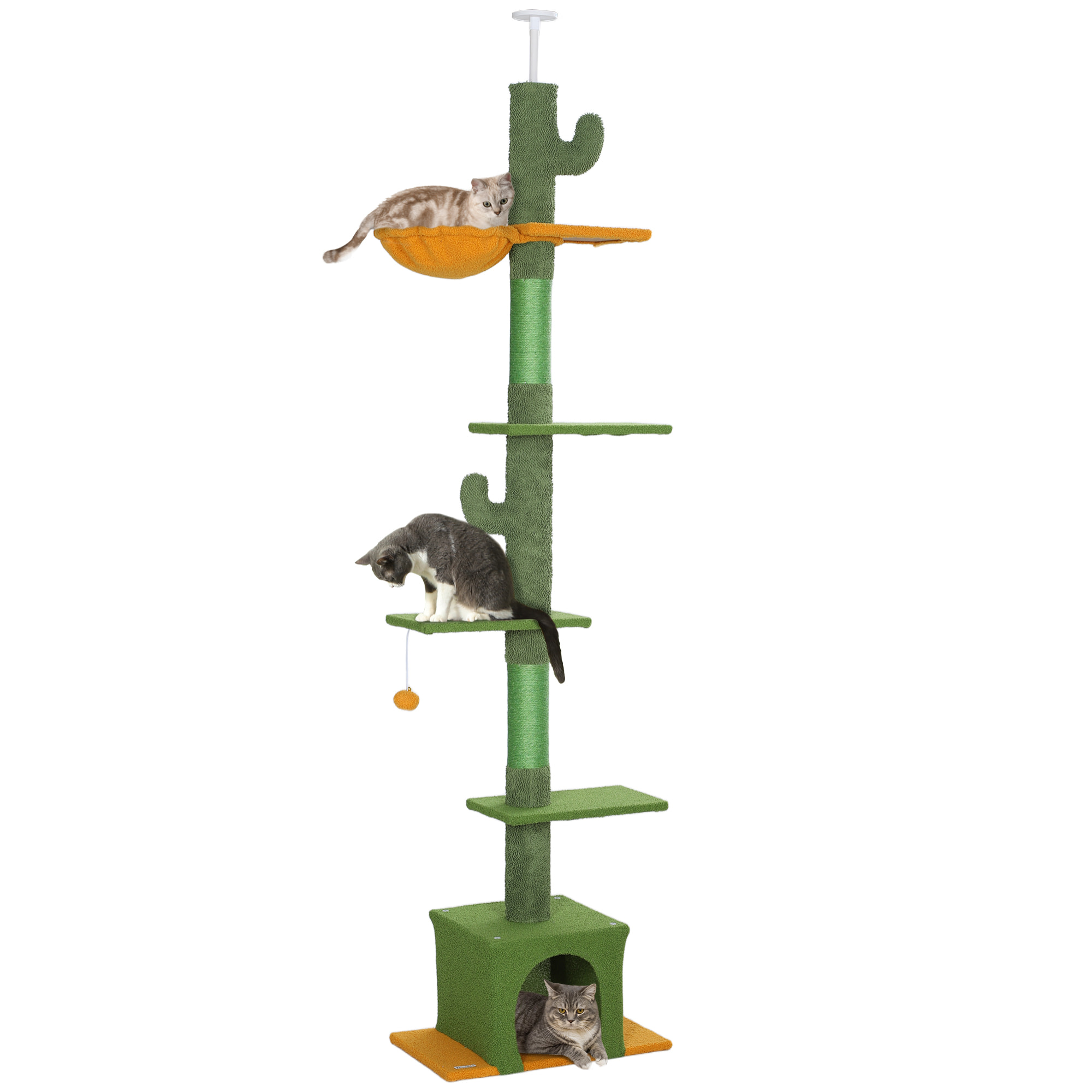 Árbol para Gatos de Suelo a Techo de 230-275 cm, Torre para Gatos con Altura Ajustable, Plataformas, Cueva, Hamaca, Postes de Sisal y Bola de Juguete, Verde