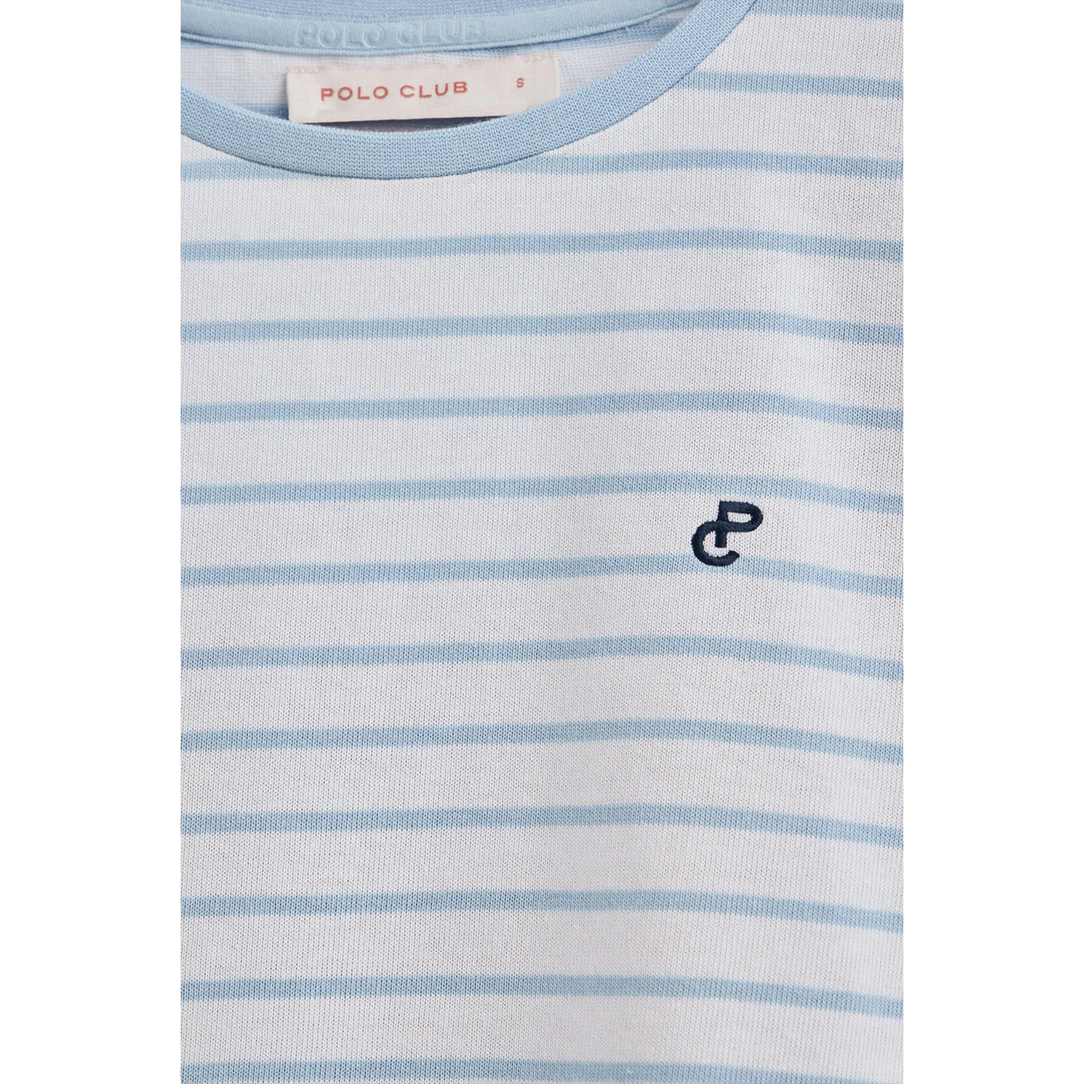 Camiseta de rayas azul claro y beige con monograma bordado