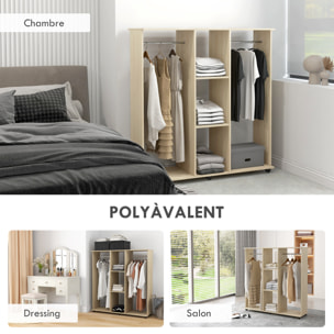 Armoire penderie meuble de rangement mobile 6 roulettes 120L x 40l x 128H cm panneaux de particules aspect bois chêne