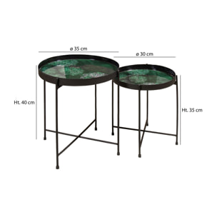 SET 2 TABLES GIGOGNES EN MÉTAL PLATEAU ÉMAILLÉ VERT H35 ET H40CM GELA