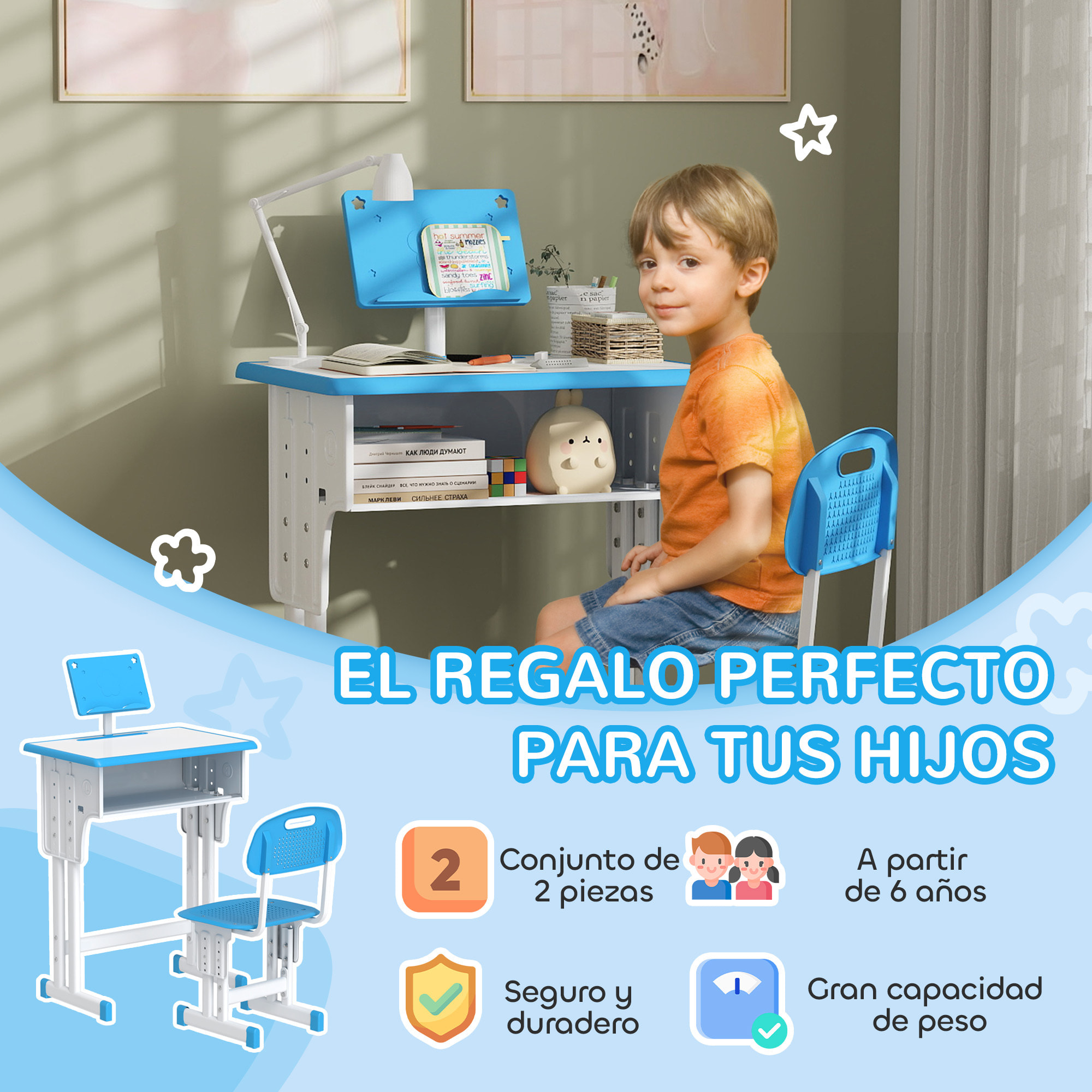 Juego de Escritorio y Silla para Niños de 6-12 Años Pupitre Infantil Altura Ajustable con 1 Cajón 1 Ranura para Lápiz y 1 Estante para Libros Acero 60x45x90-102 cm Azul