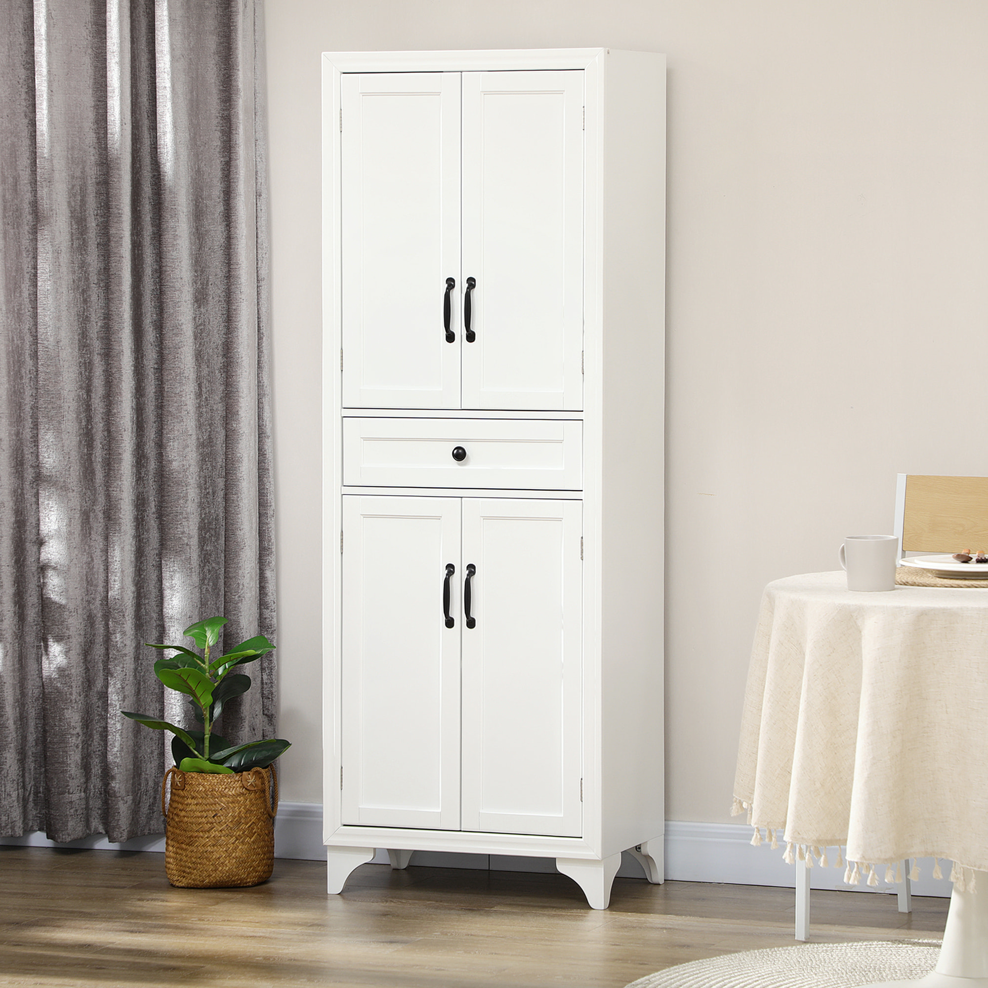 Buffet haut 4 portes 2 étagères tiroir coulissant MDF blanc