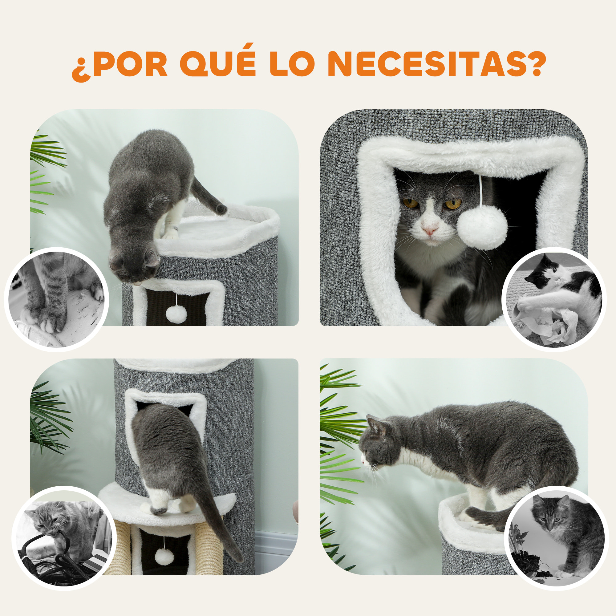 Árbol Rascador para Gatos, Árbol para Gatos 76 cm, Torre Escalador con Cama, 2 Cuevas, Postes de Sisal, Alfombra de Rascado, Bolas para Jugar, Gris