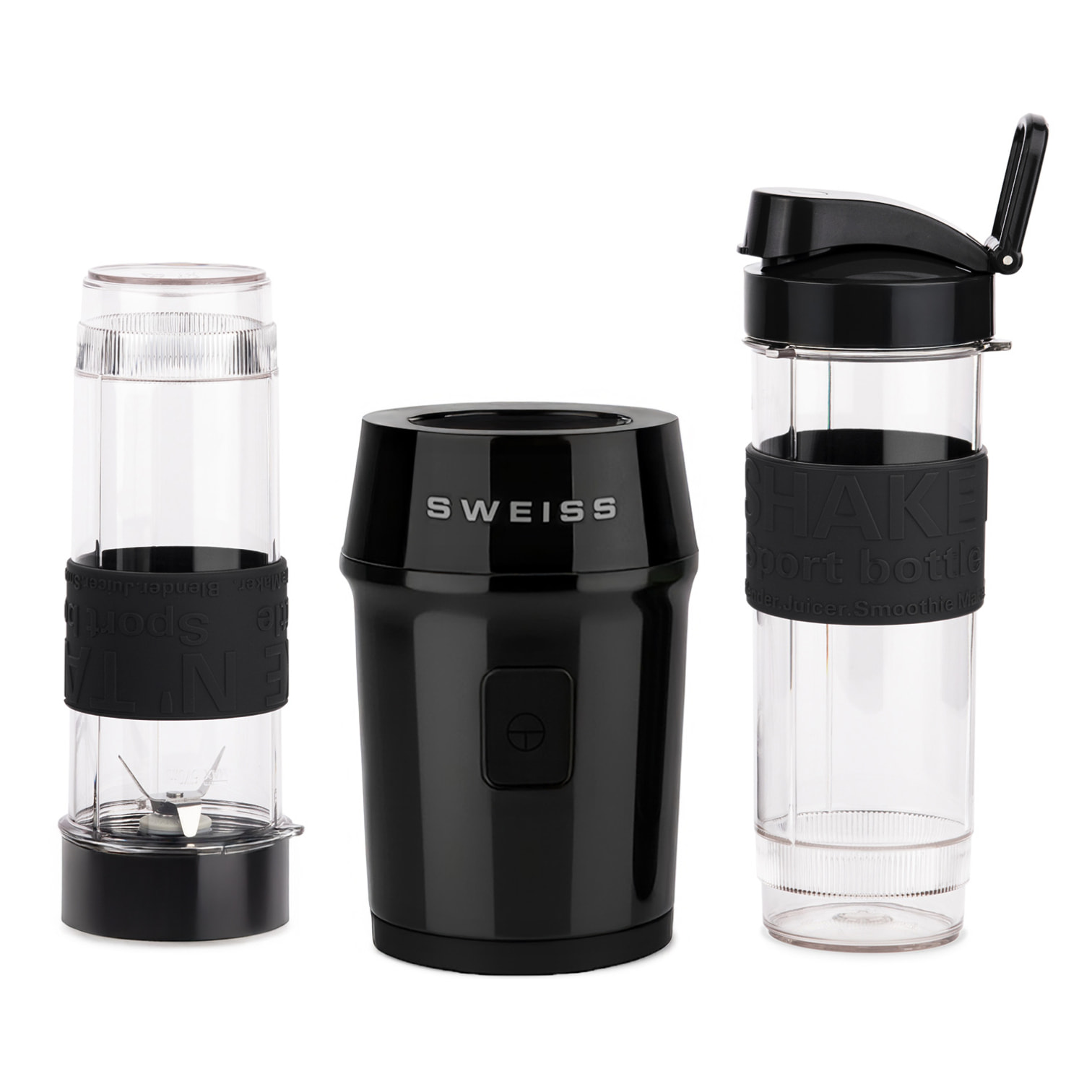 SWEISS Mini Batidora Portátil MOOV9, 2 Botellas de 570 ml con Tapas de Viaje, 4 Cuchillas de Acero Inoxidable, 300W, Negro