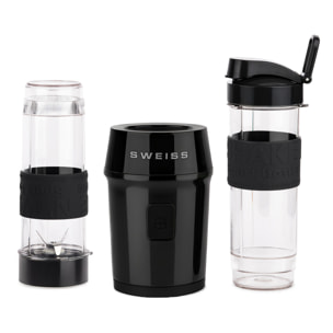 SWEISS Mini Batidora Portátil MOOV9, 2 Botellas de 570 ml con Tapas de Viaje, 4 Cuchillas de Acero Inoxidable, 300W, Negro