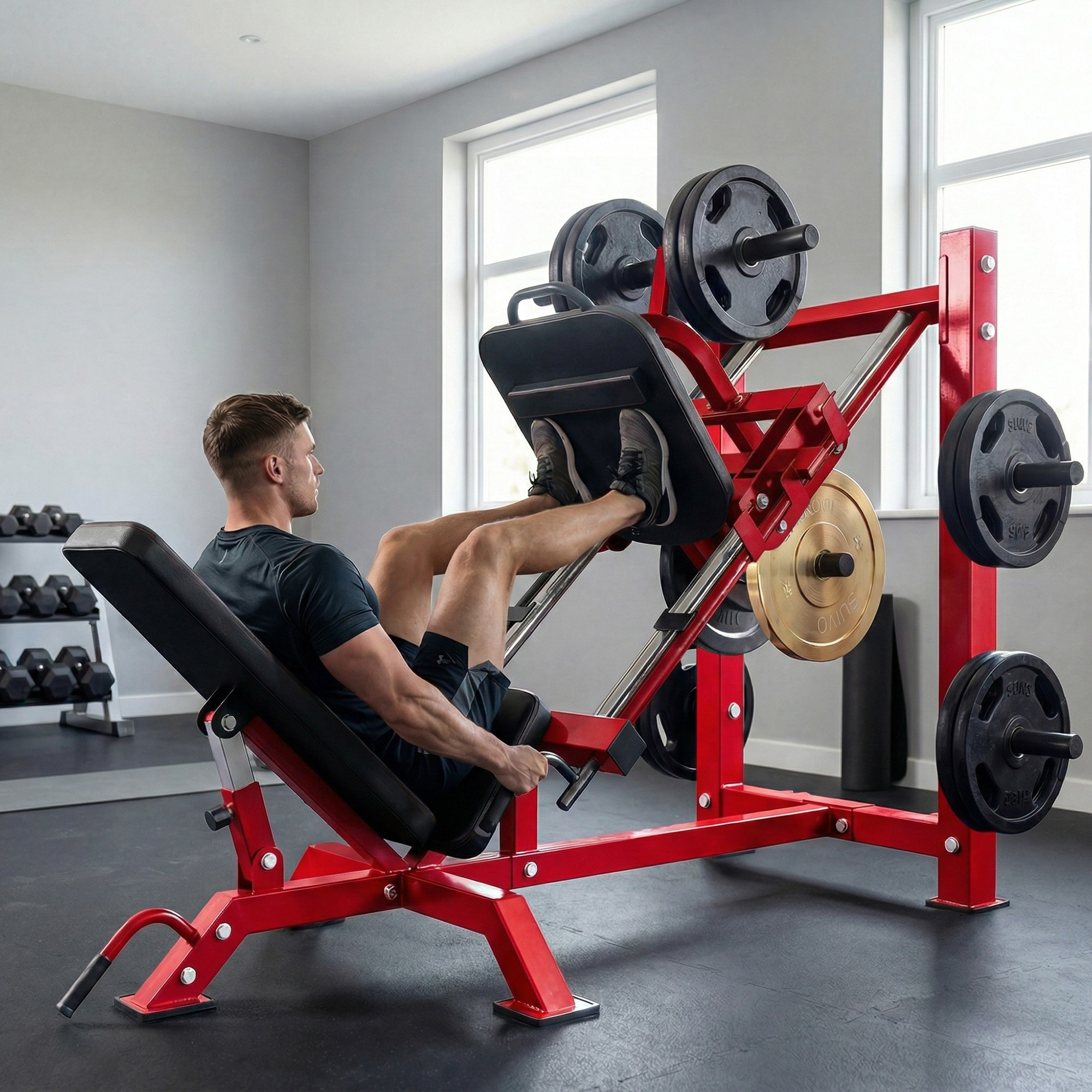 Presse à cuisses leg press machine pro 455kg compatible disques 25/50mm noir rouge