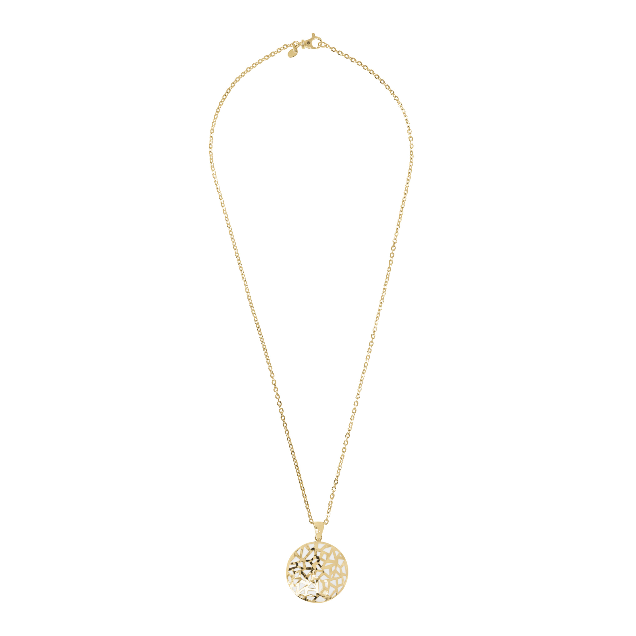 Collana Lunga Catena Forzatina con Pendente Bianco Tondo Smaltato e Traforato