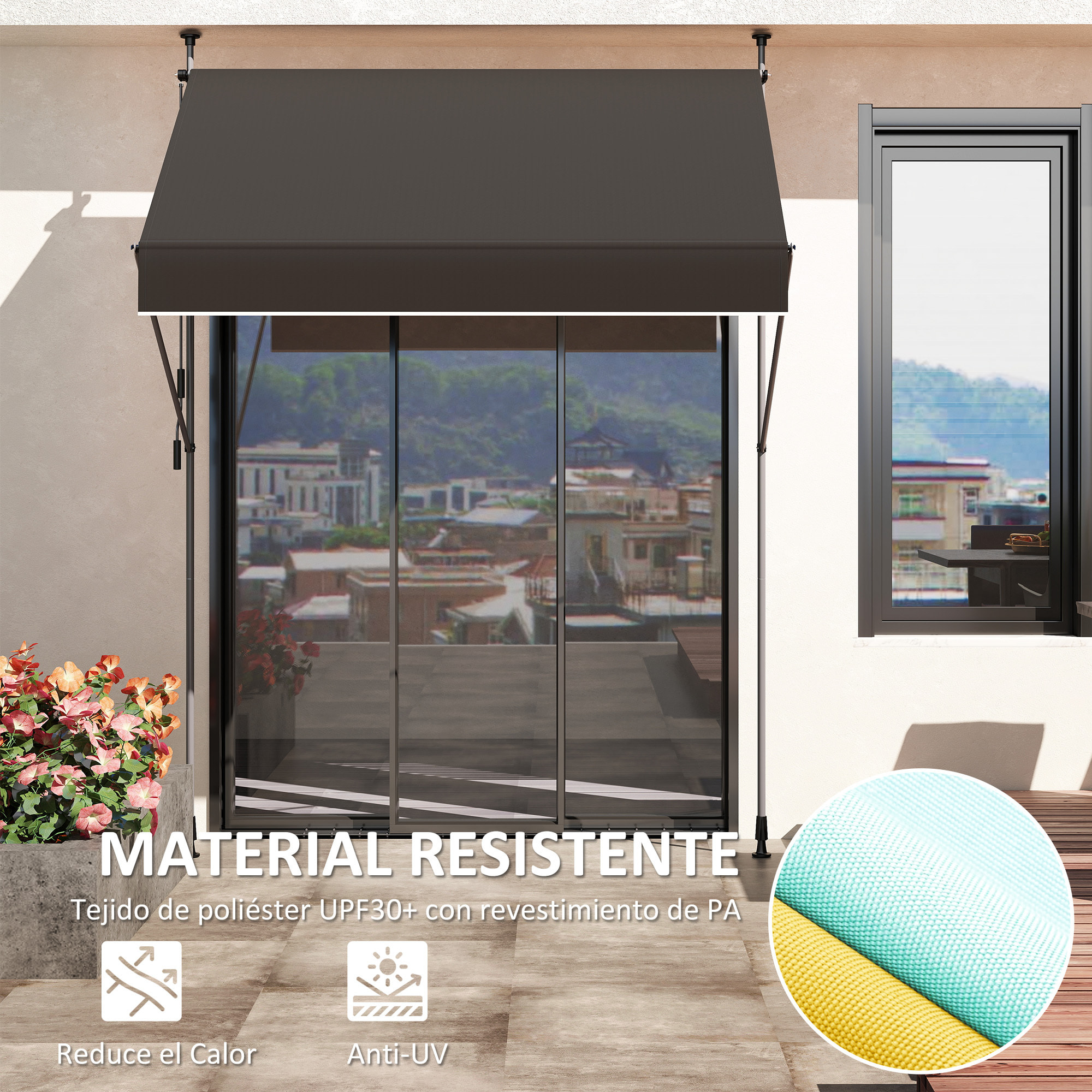 Toldo Manual Retráctil 2x1,2 m Toldo Exterior Terraza Enrollable Altura Ajustable con Manivela 210-310 cm Protección UV30+ Sin Taladro para Jardín Balcón Patio Negro