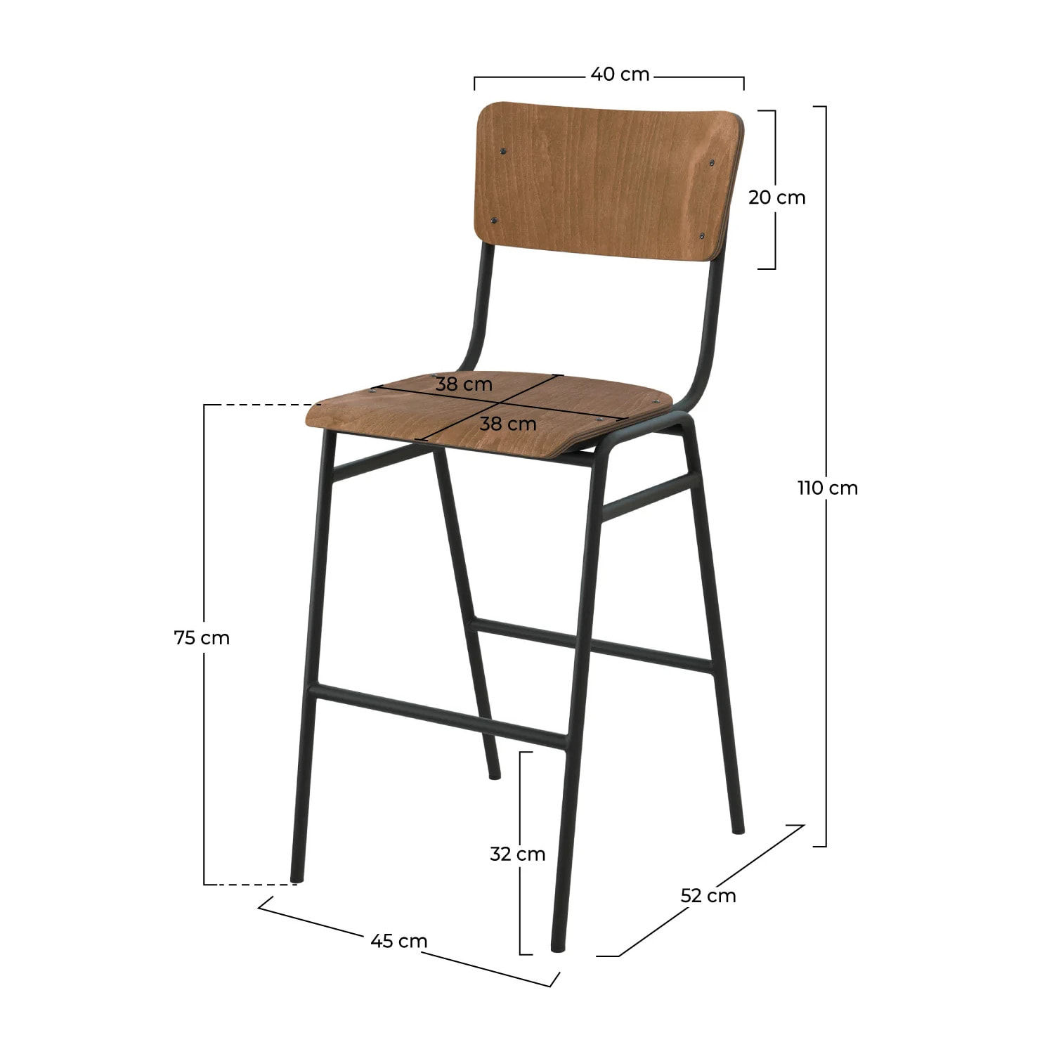 Lot de 2 chaises de bar 75 cm en bois - Clem