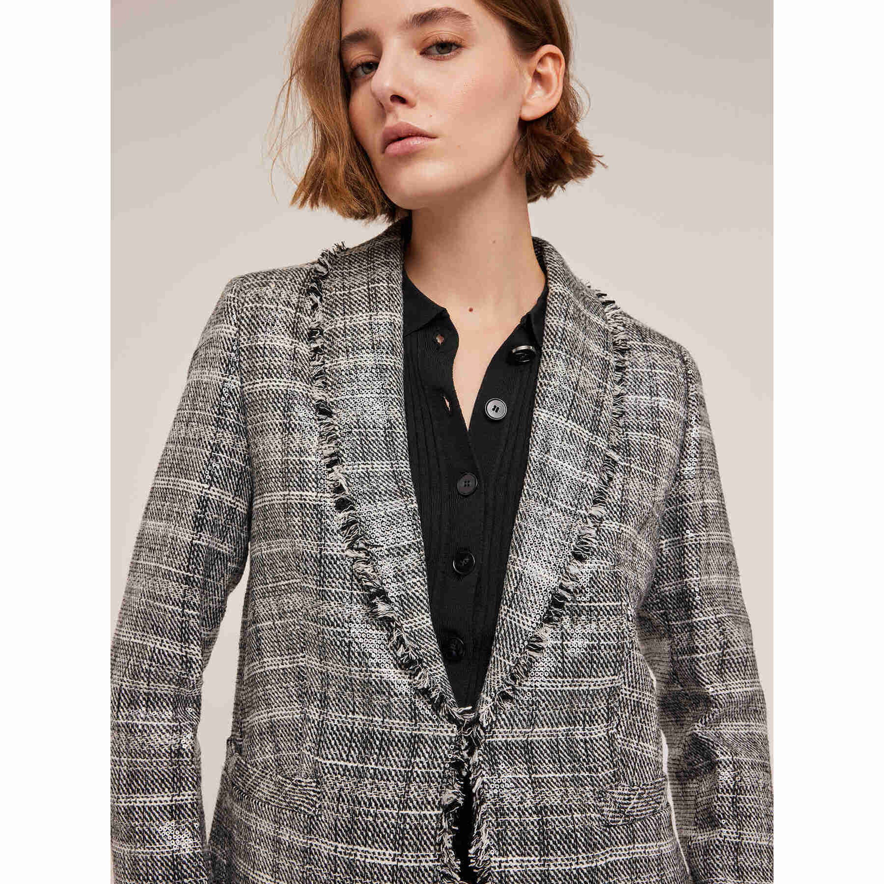 Motivi - Chaqueta de tweed de cuadros con lentejuelas - Gris