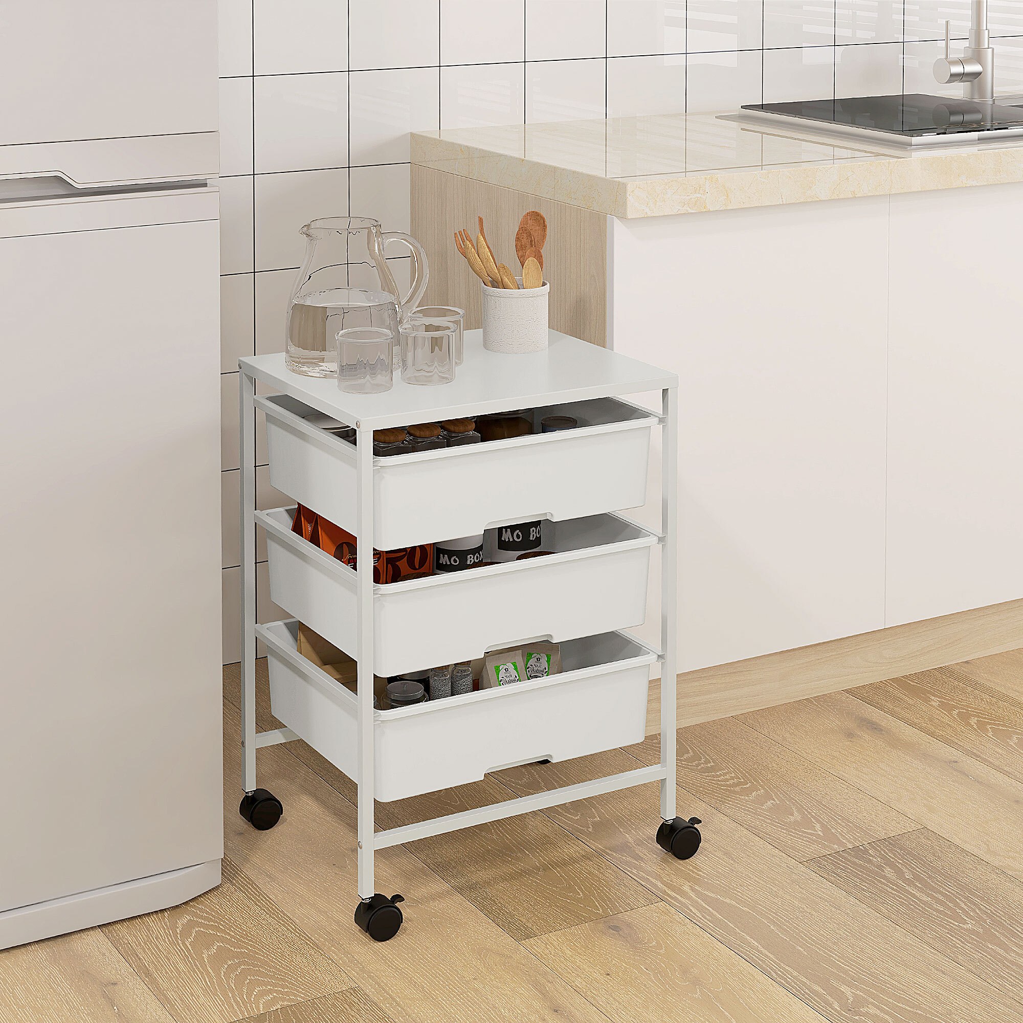 Carrito Auxiliar con Ruedas Carrito de Cocina de 3 Niveles con 3 Cestas para Almacenamiento y Marco de Acero para Comedor Sala Baño 40,8x33,5x60,5 cm Blanco
