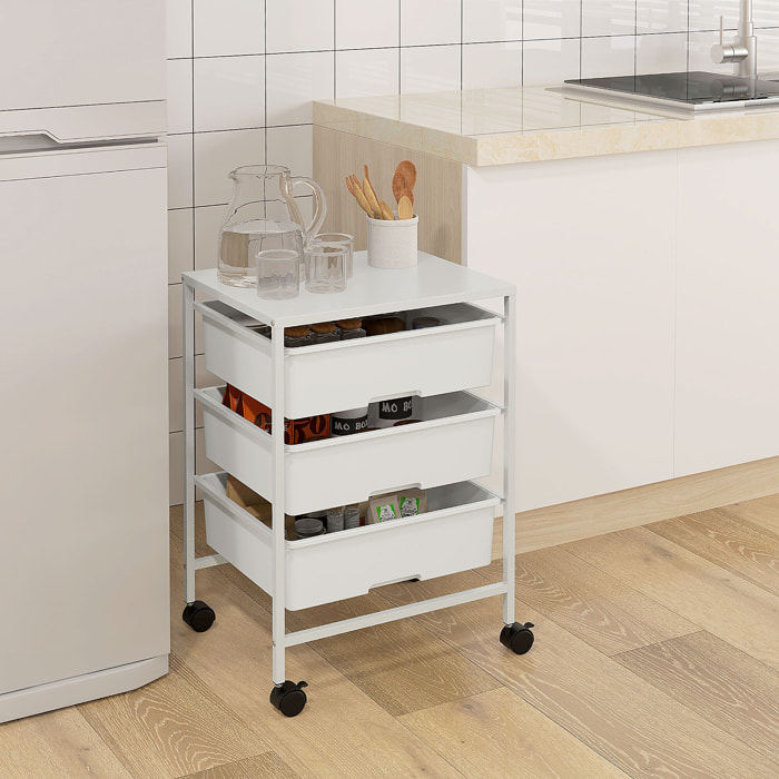Carrito Auxiliar con Ruedas Carrito de Cocina de 3 Niveles con 3 Cestas para Almacenamiento y Marco de Acero para Comedor Sala Baño 40,8x33,5x60,5 cm Blanco