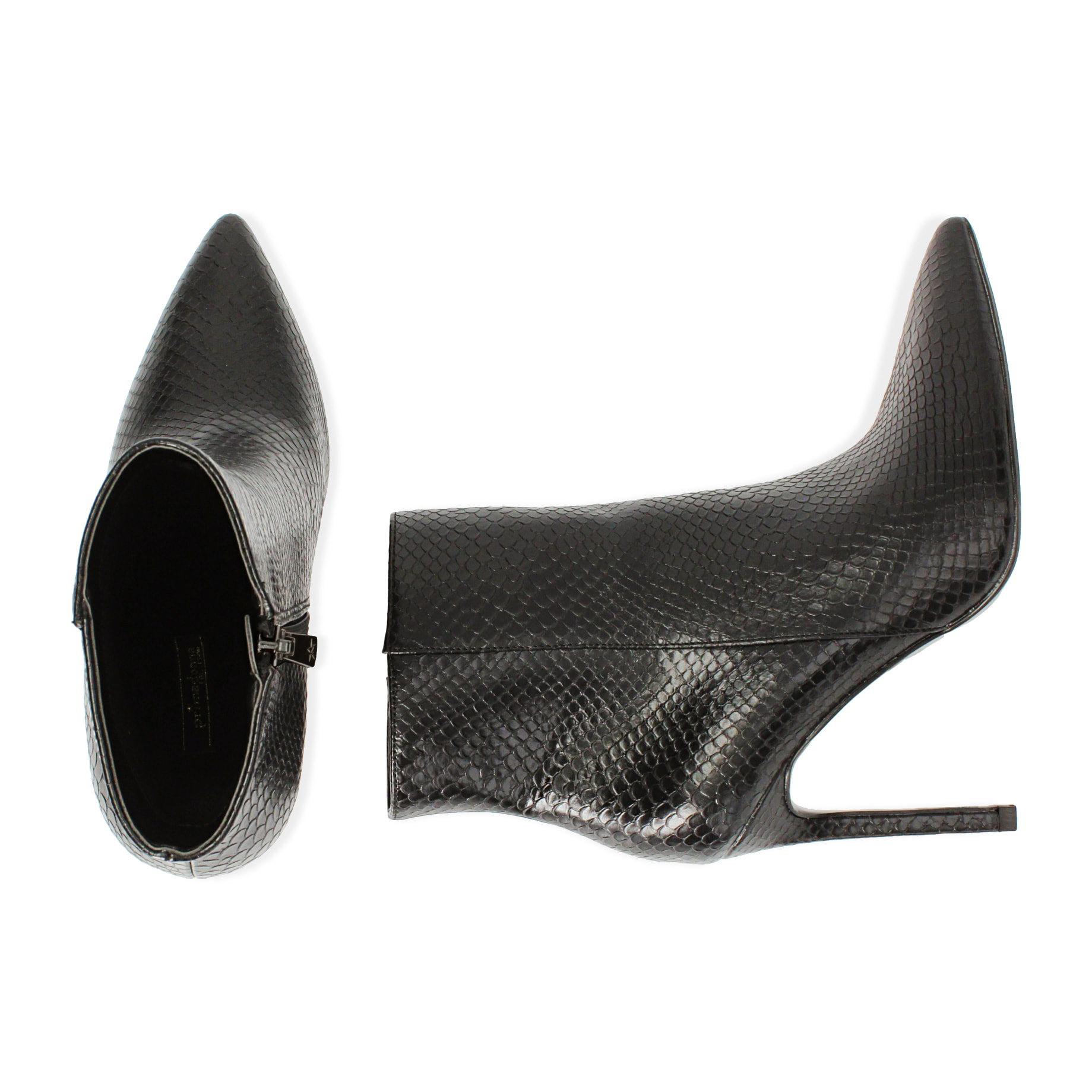Botines negros estampado víbora, tacón 10,5 cm