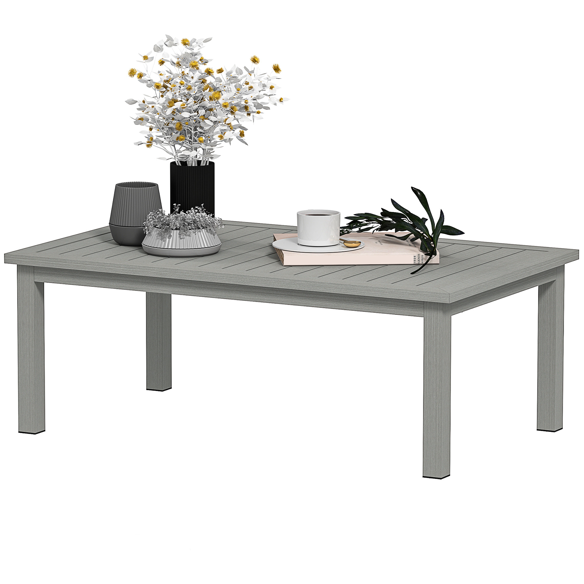 Table basse rectangulaire de jardin plateau lattes 100 x 60 x 37 cm alu effet bois gris