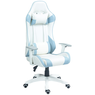 Silla Gaming Reclinable Silla Gamer Giratoria Silla de Oficina Basculante con Cojín Lumbar Reposabrazos 3D Reposacabezas Extraíble y Altura Ajustable 67x60x120-128 cm Blanco y Azul