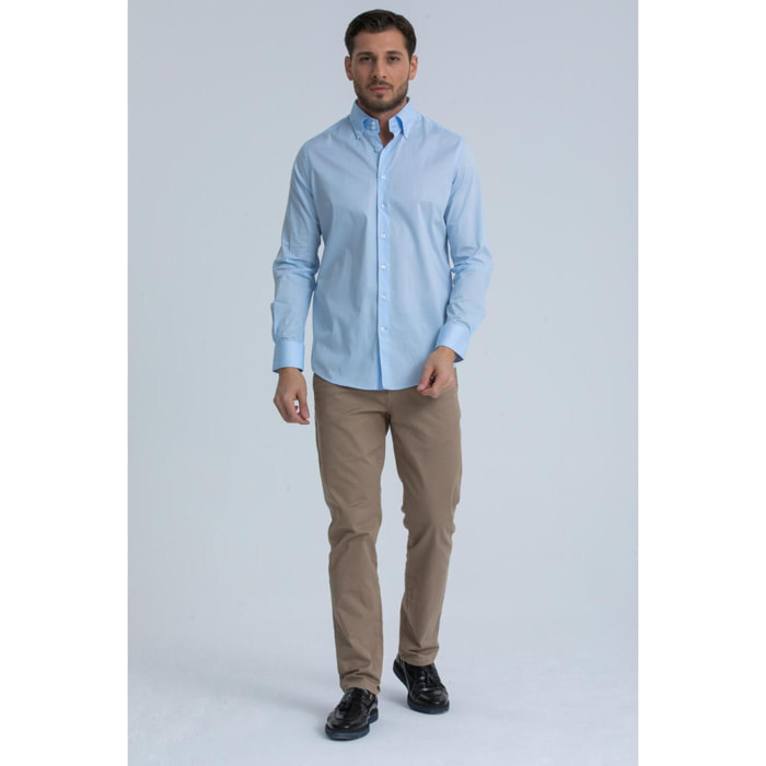 Camicia Uomo 2 Bottoni Button Down Slim Popeline Stretch Unito Celeste