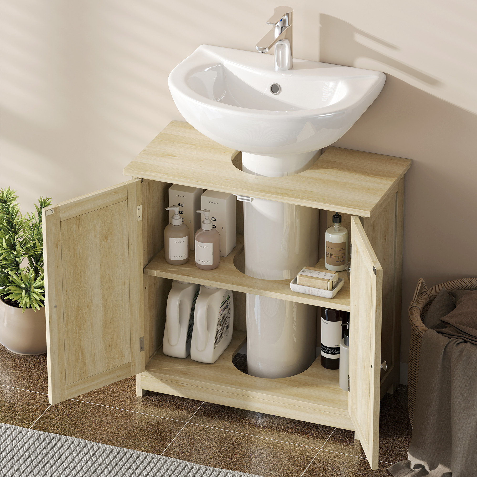 Meuble vasque - meuble sous-vasque - 2 portes rainurées avec étagère réglable - poignées métal chromé - dim. 60L x 30l x 60H cm - naturel