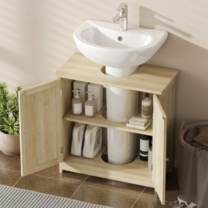 Meuble vasque - meuble sous-vasque - 2 portes rainurées avec étagère réglable - poignées métal chromé - dim. 60L x 30l x 60H cm - naturel