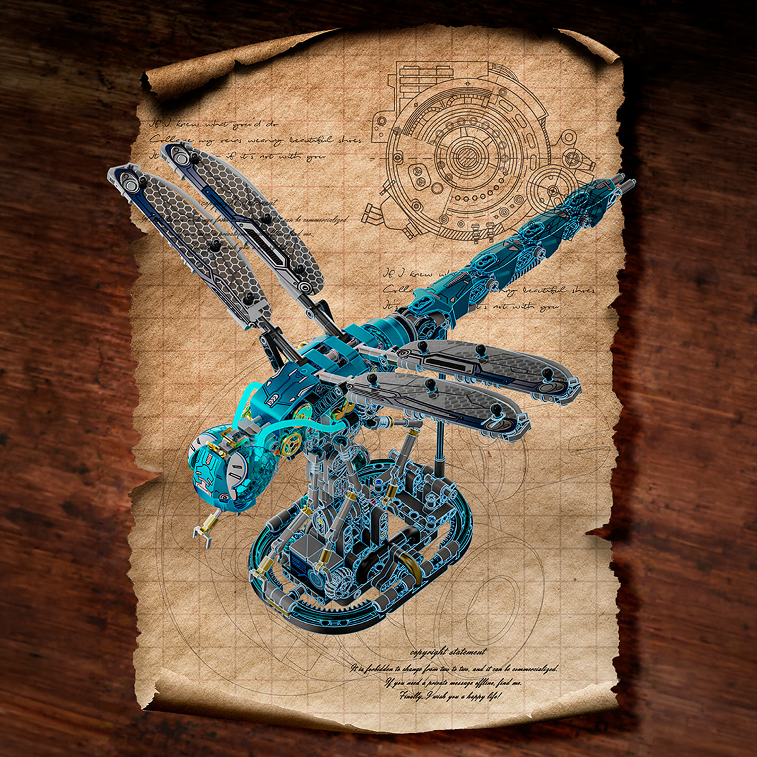 Maqueta 3D mecanizada de libélula con 866 piezas, equipada con luces y mecanismo de manivela que permite movimiento dinámico.
