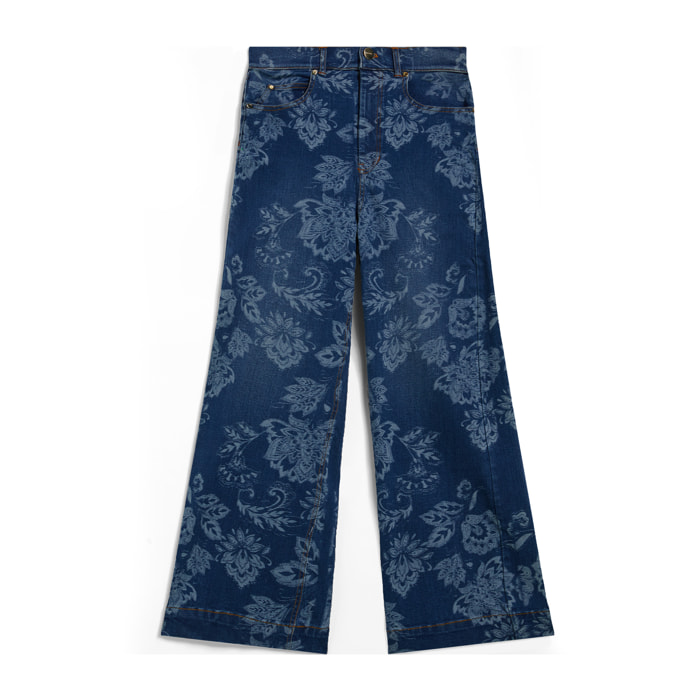 Jeans wide leg cropped con grafica floreale all over