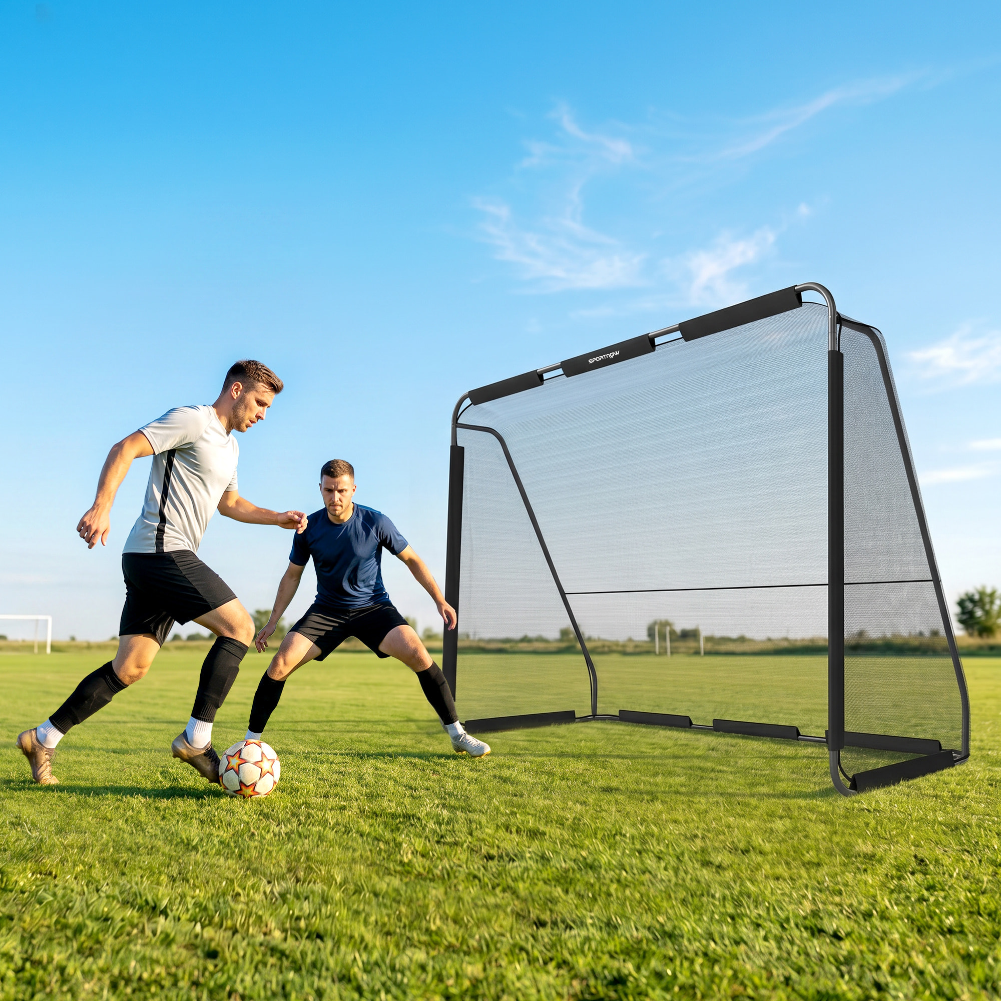 Portería de Fútbol, Portería de Fútbol para Jardín con Red de Poliéster Resistente, Piquetas para Suelo y Estructura Metálica, Montaje Fácil, para Interior y Exterior, 300x120x200 cm, Negro