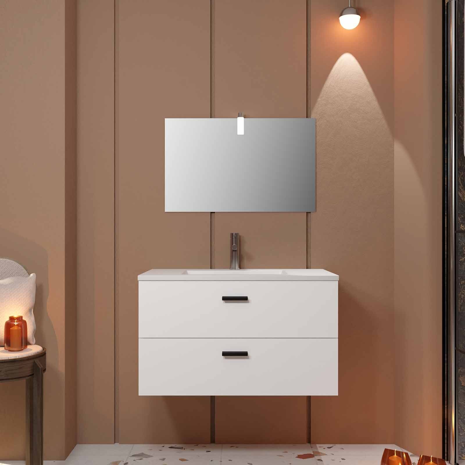 Meuble salle de bains 80 cm 2 Tiroirs Blanc avec Vasque blanche, miroir et applique Led - BOX LED
