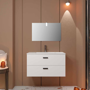 Meuble salle de bains 80 cm 2 Tiroirs Blanc avec Vasque blanche, miroir et applique Led - BOX LED