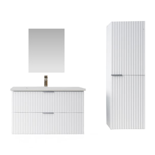 Pack Meuble salle de bain 80cm et Colonne de rangement - Façades Blanches Ondulées - MILO
