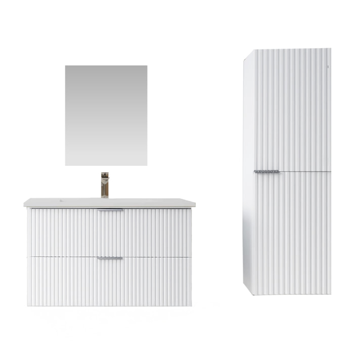 Pack Meuble salle de bain 80cm et Colonne de rangement - Façades Blanches Ondulées - MILO