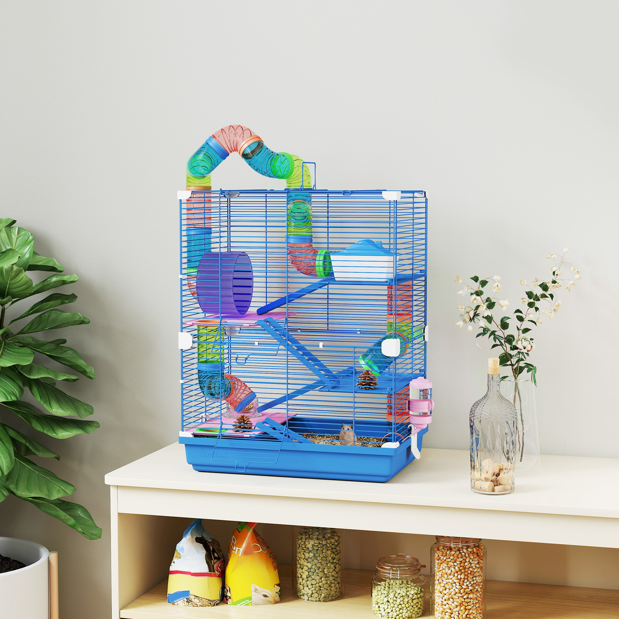 Jaula para Hámster Casa para Animales Pequeños con Túnel Plataformas Cuenco Bebedero Casita Rampas y Rueda de Ejercicio 46x30x58cm Azul