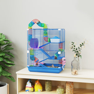 Jaula para Hámster Casa para Animales Pequeños con Túnel Plataformas Cuenco Bebedero Casita Rampas y Rueda de Ejercicio 46x30x58cm Azul