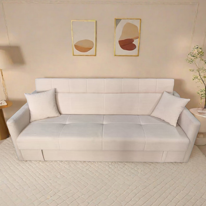 BAKAR Canapé convertible avec coffre en velours cotelé beige 3 places