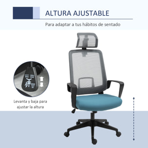 Vinsetto Silla de Oficina Ergonómica Silla Escritorio Giratoria con Altura Ajustable Soporte Lumbar Reposabrazos y Reposacabezas Regulable Malla Transpirable 63,5x63x116,5-125,5 cm Azul y Gris