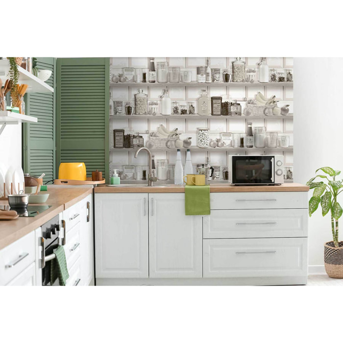 Papier peint étagère cuisine vintage sépia blanc