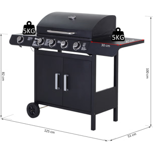 Barbacoa de Gas con Ruedas 4+1 Quemadores 14,4 KW Mesas Laterales 125x51x100 cm