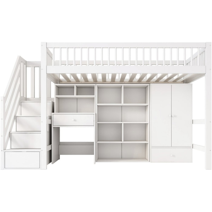 Lit mezzanine en bois avec dressing et bureau intégré "Amélia" - 90 x 190 cm - Blanc
