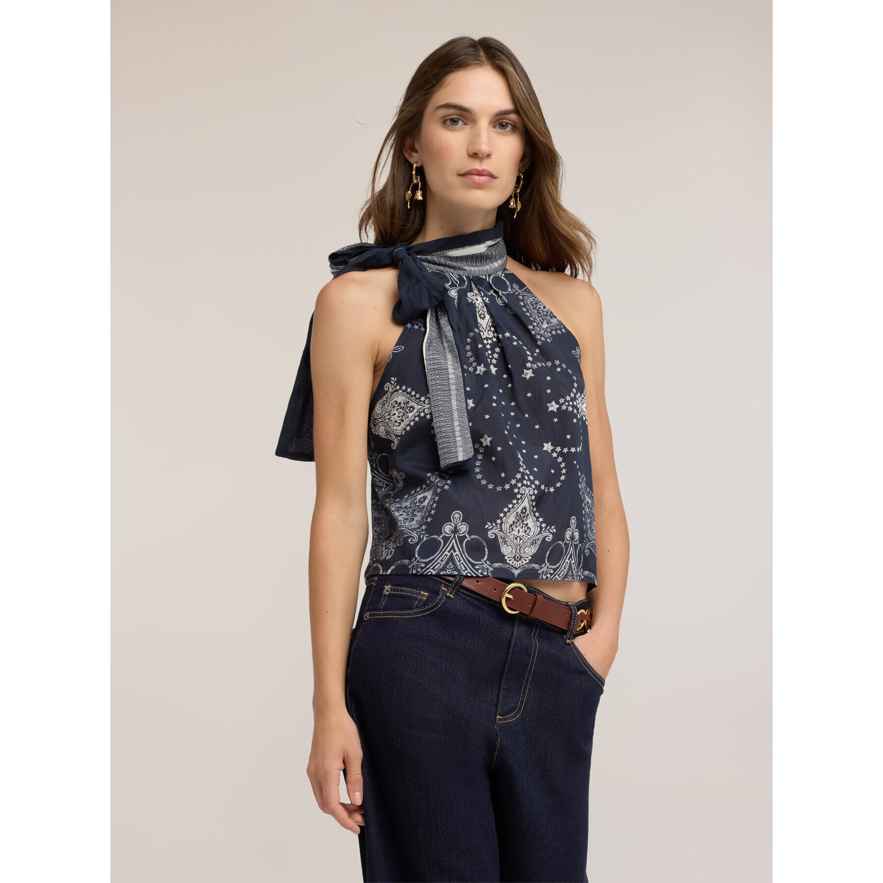 Motivi - Top in mussola di cotone con stampa - Blu