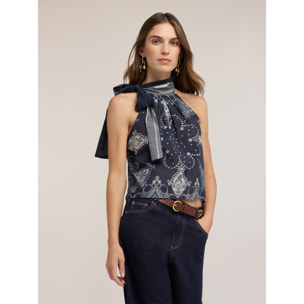 Motivi - Top in mussola di cotone con stampa - Blu
