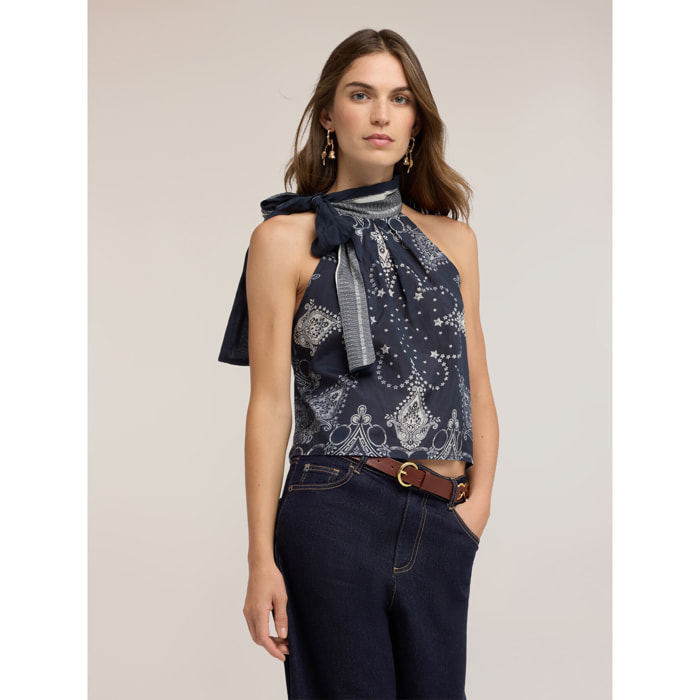 Motivi - Top in mussola di cotone con stampa - Blu