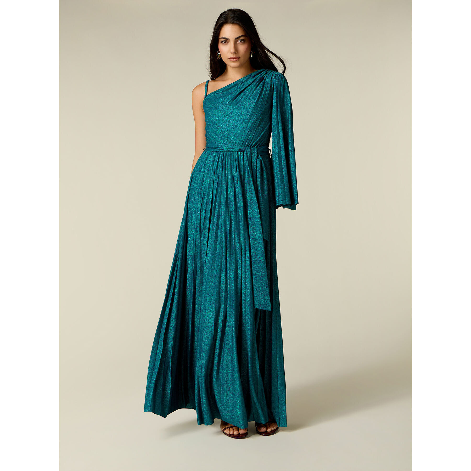 Oltre - Vestido asimétrico plisado en jersey lurex - Petrol Blue