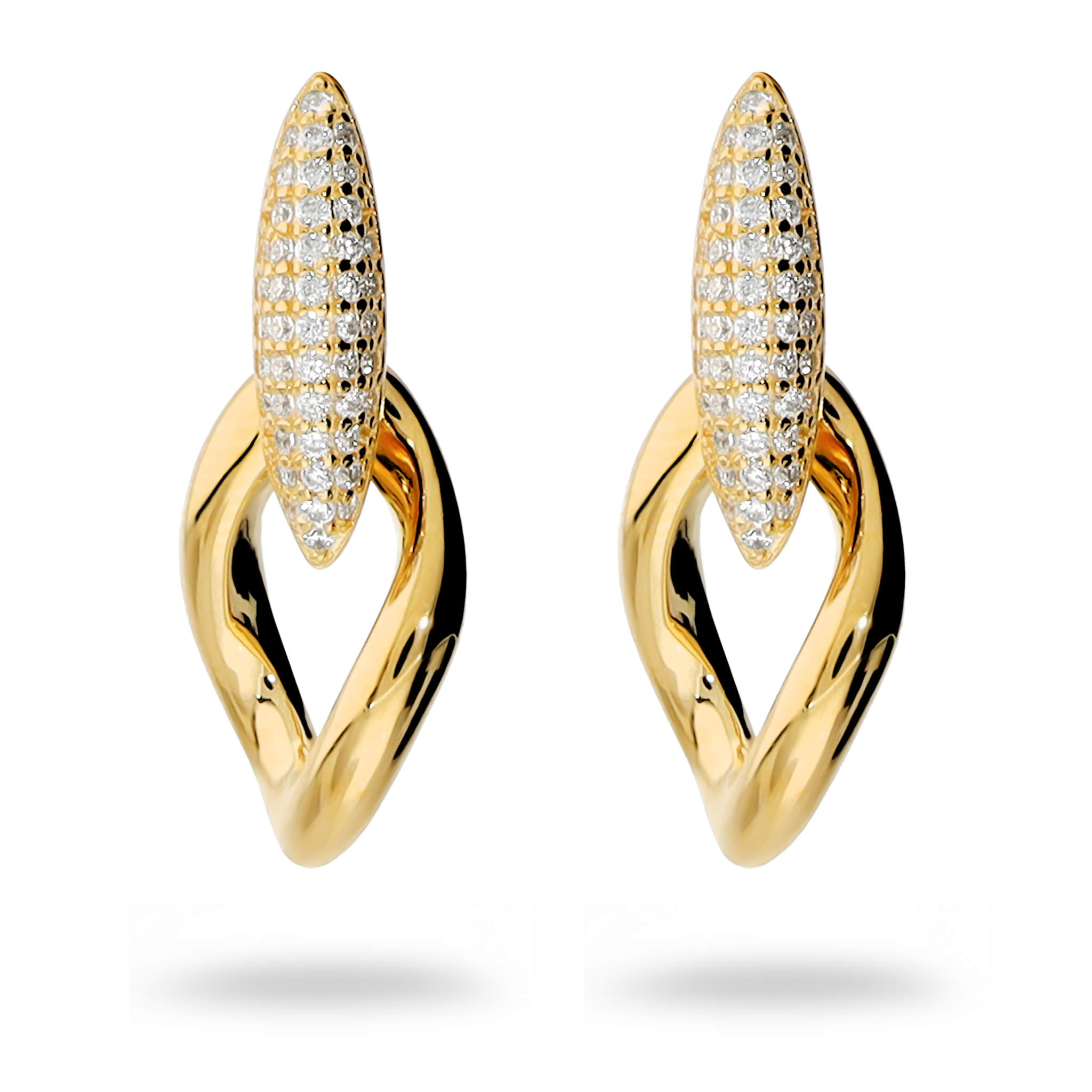 Orecchini Pendenti con Pavé di Cubic Zirconia e Maglia Ritorta in Argento 925 placcato Oro Giallo 14Kt