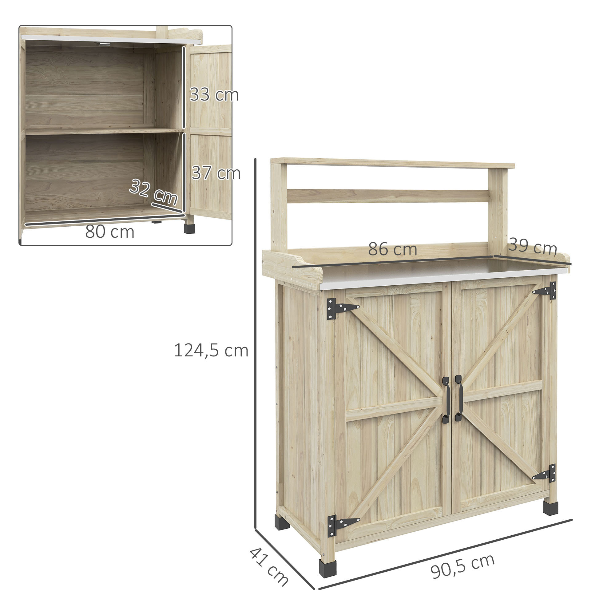 Table de rempotage bois style rural chic 2 portes 2 étagères plateau acier galvanisé